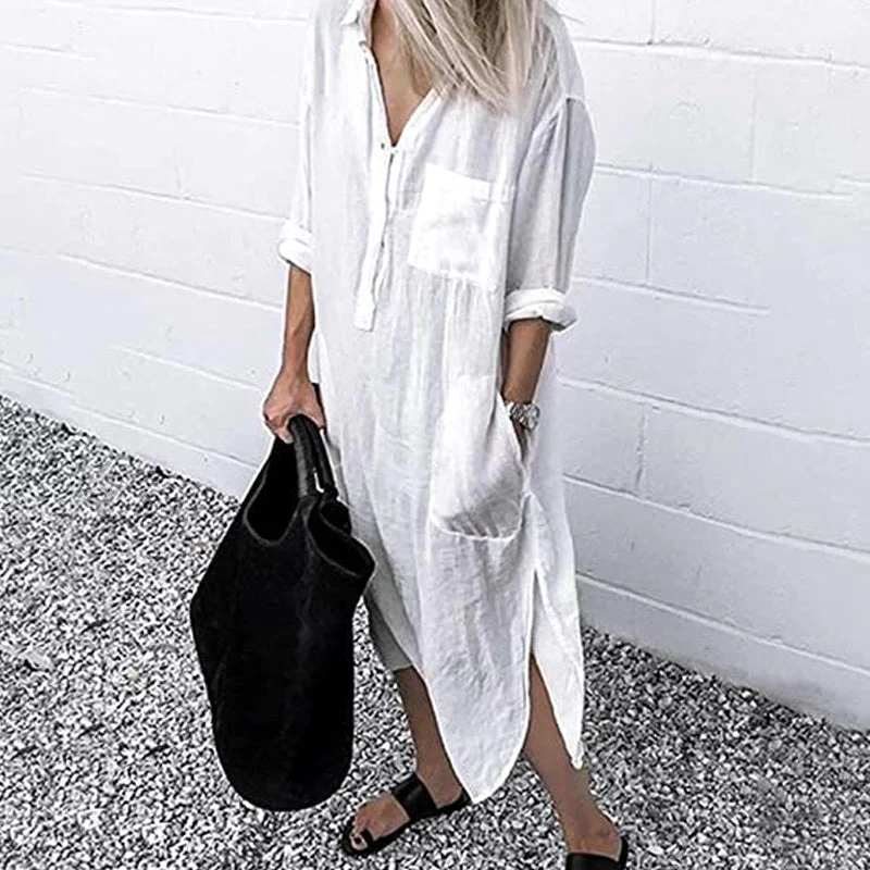 Elegant Solid Color Slit Shirt Dress - Image 10