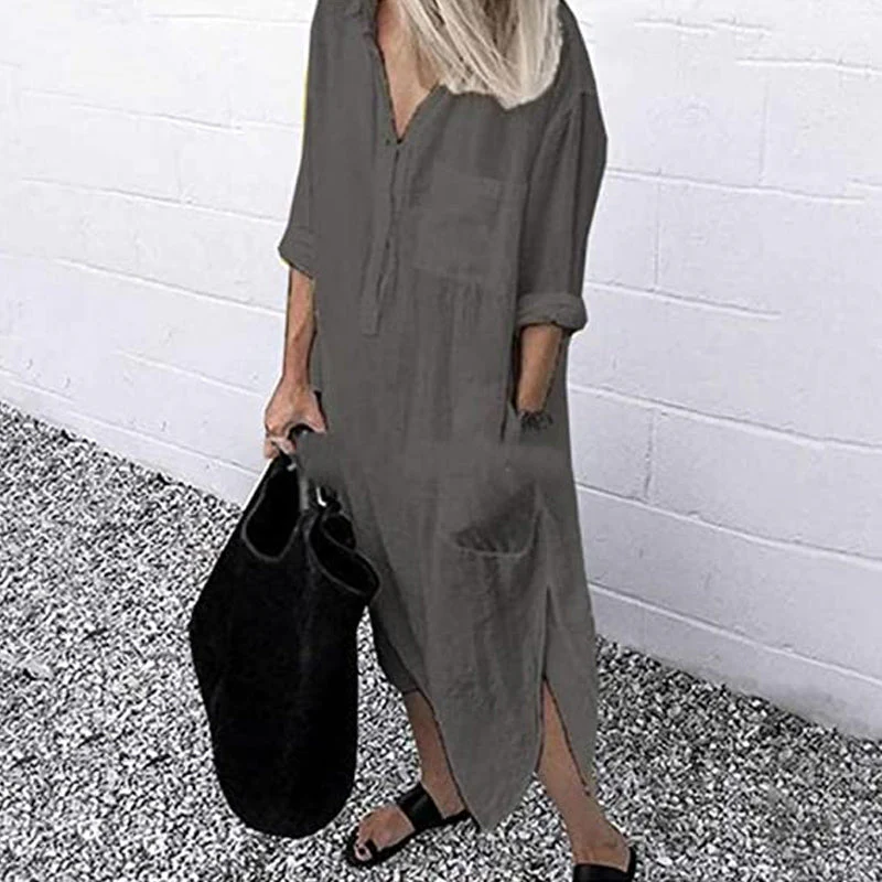 Elegant Solid Color Slit Shirt Dress - Image 12