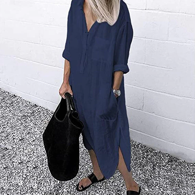 Elegant Solid Color Slit Shirt Dress - Image 13