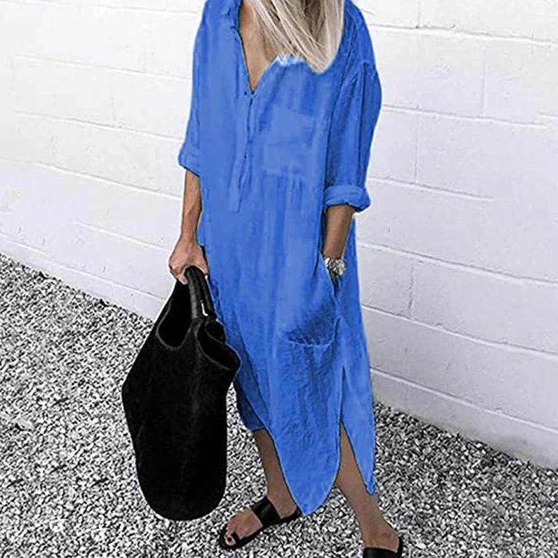 Elegant Solid Color Slit Shirt Dress - Image 14