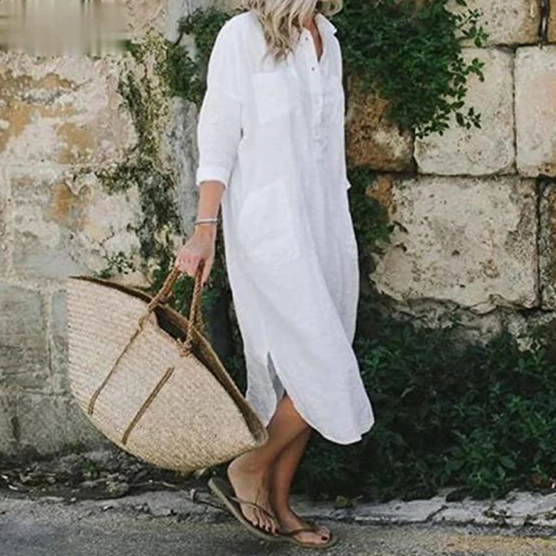 Elegant Solid Color Slit Shirt Dress - Image 3