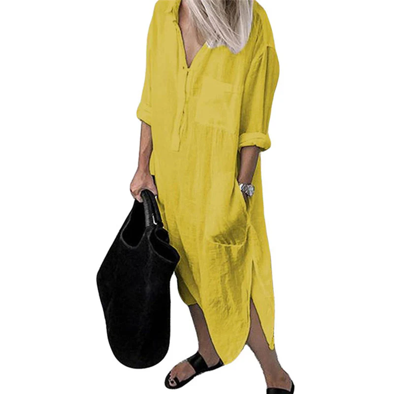 Elegant Solid Color Slit Shirt Dress - Image 5