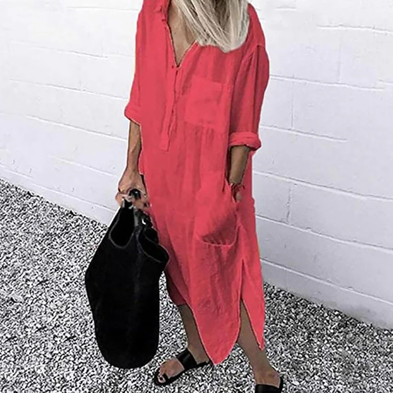 Elegant Solid Color Slit Shirt Dress - Image 7