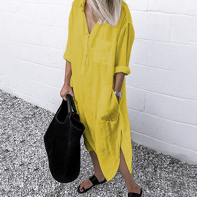 Elegant Solid Color Slit Shirt Dress - Image 8