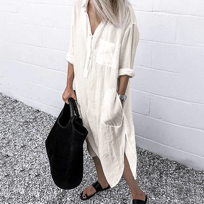 Elegant Solid Color Slit Shirt Dress - Image 9