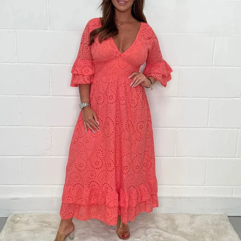 Embroidery Anglaise Frill Sleeve Midi Dress - Image 15