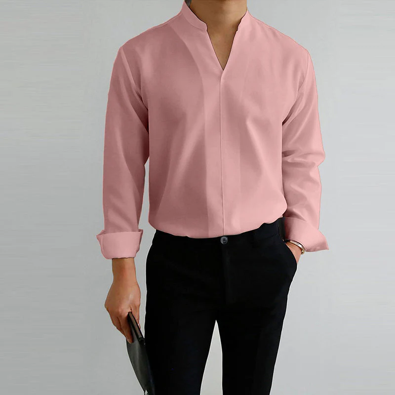 Men's Casual Solid Color V-Neck Long Sleeve Shirt - Image 10