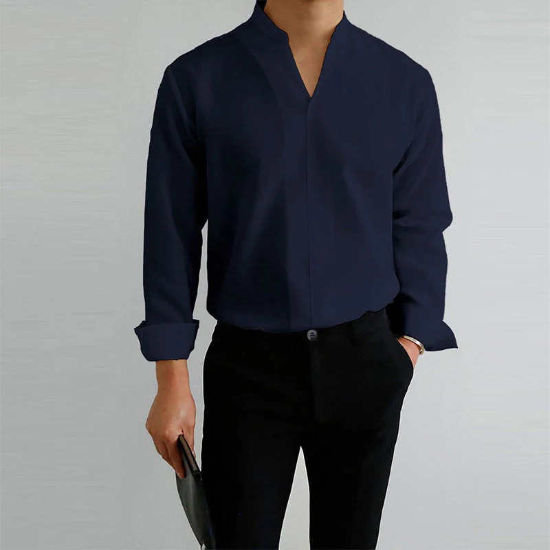 Men's Casual Solid Color V-Neck Long Sleeve Shirt - Image 12