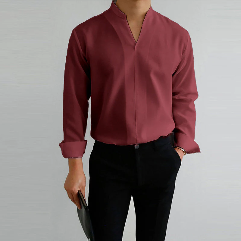 Men's Casual Solid Color V-Neck Long Sleeve Shirt - Image 13