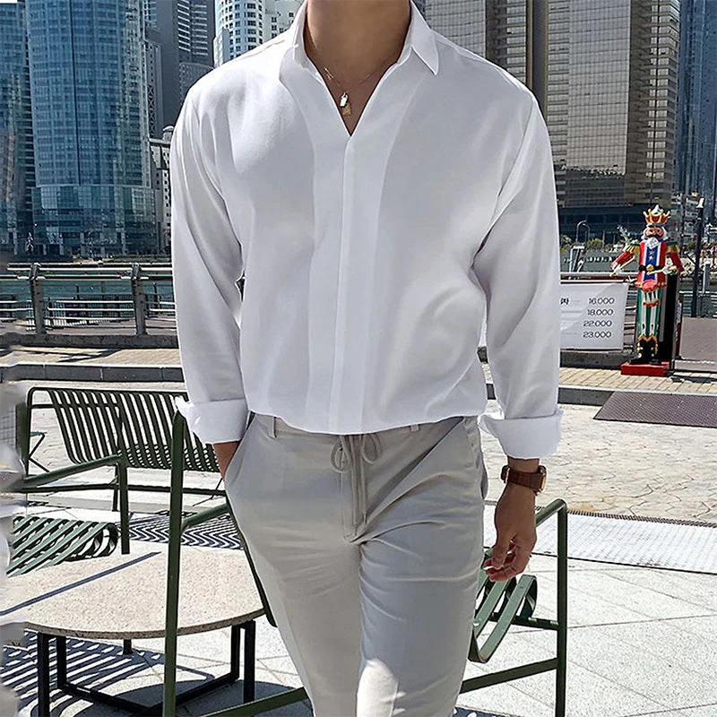 Men's Casual Solid Color V-Neck Long Sleeve Shirt - Image 3