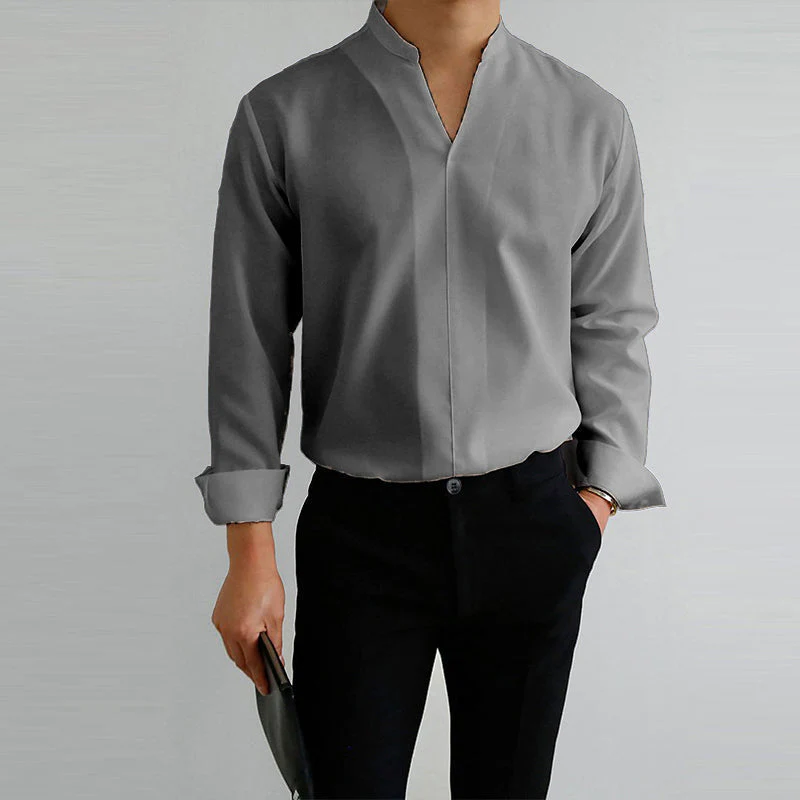 Men's Casual Solid Color V-Neck Long Sleeve Shirt - Image 5
