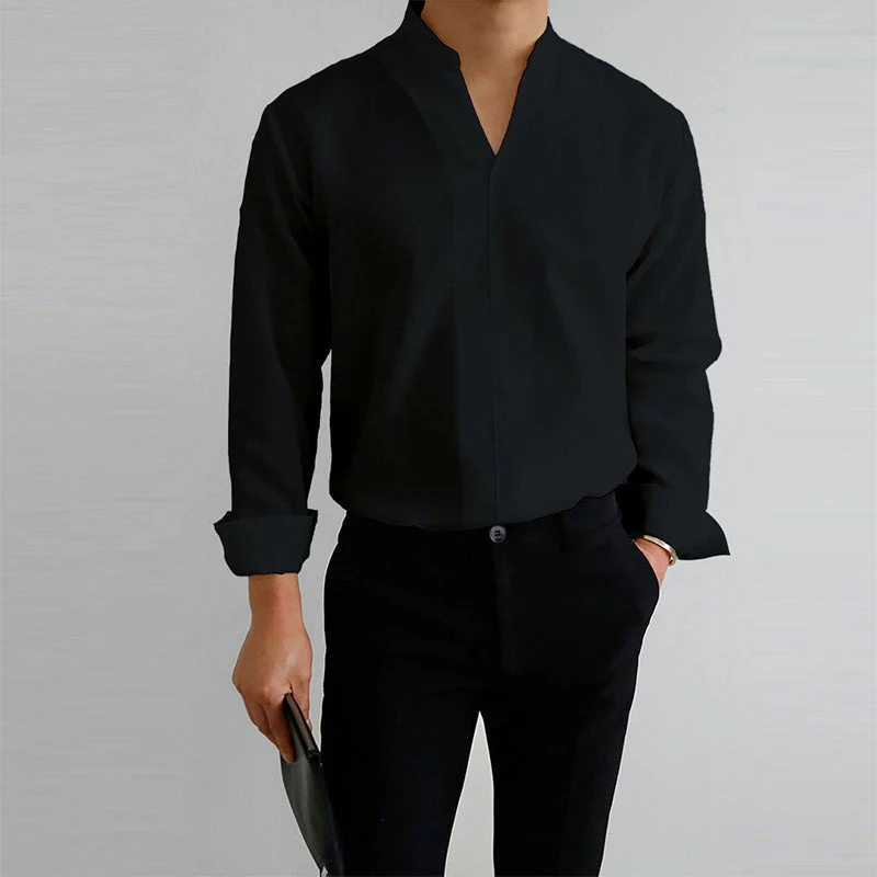 Men's Casual Solid Color V-Neck Long Sleeve Shirt - Image 6