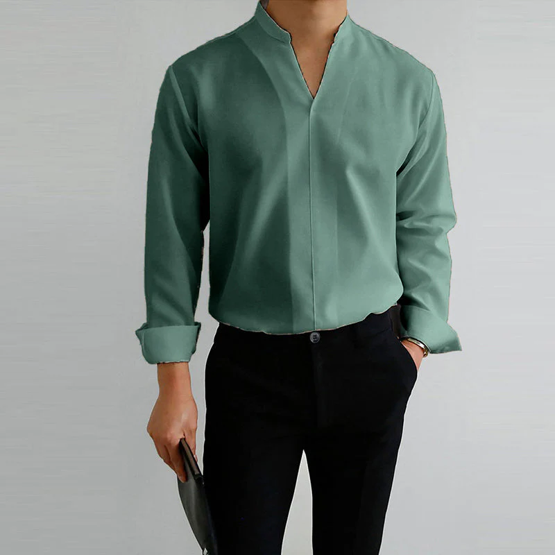 Men's Casual Solid Color V-Neck Long Sleeve Shirt - Image 8