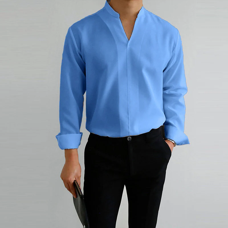 Men's Casual Solid Color V-Neck Long Sleeve Shirt - Image 9
