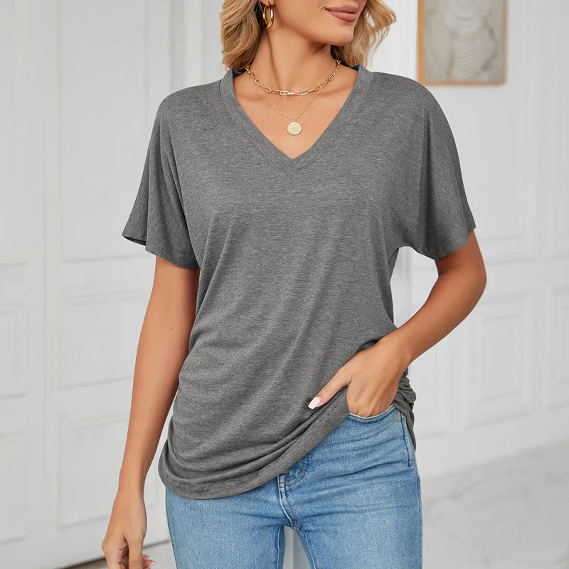 New Casual Pullover V-Neck Solid Color Loose Ladies Tops - Image 14