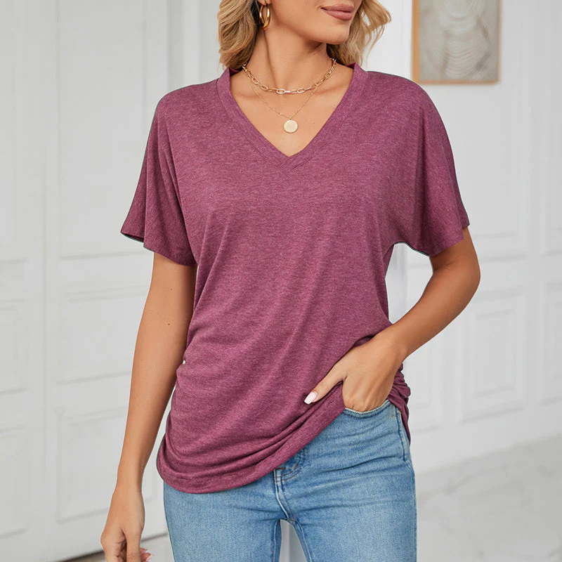 New Casual Pullover V-Neck Solid Color Loose Ladies Tops - Image 16